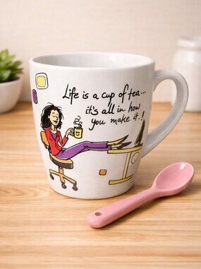 NIB Verdici Design Mug & Spoon Set Boxed “Life Is a Cup of Tea” Ceramic Cup